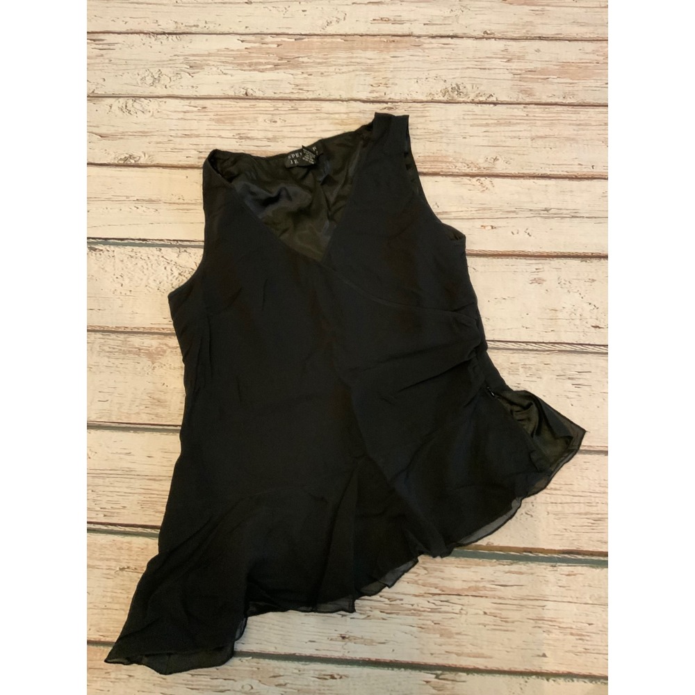 Spenser Jeremy Black 100% Silk Sleeveless Ruched Wrap Asymmetrical Blouse Medium